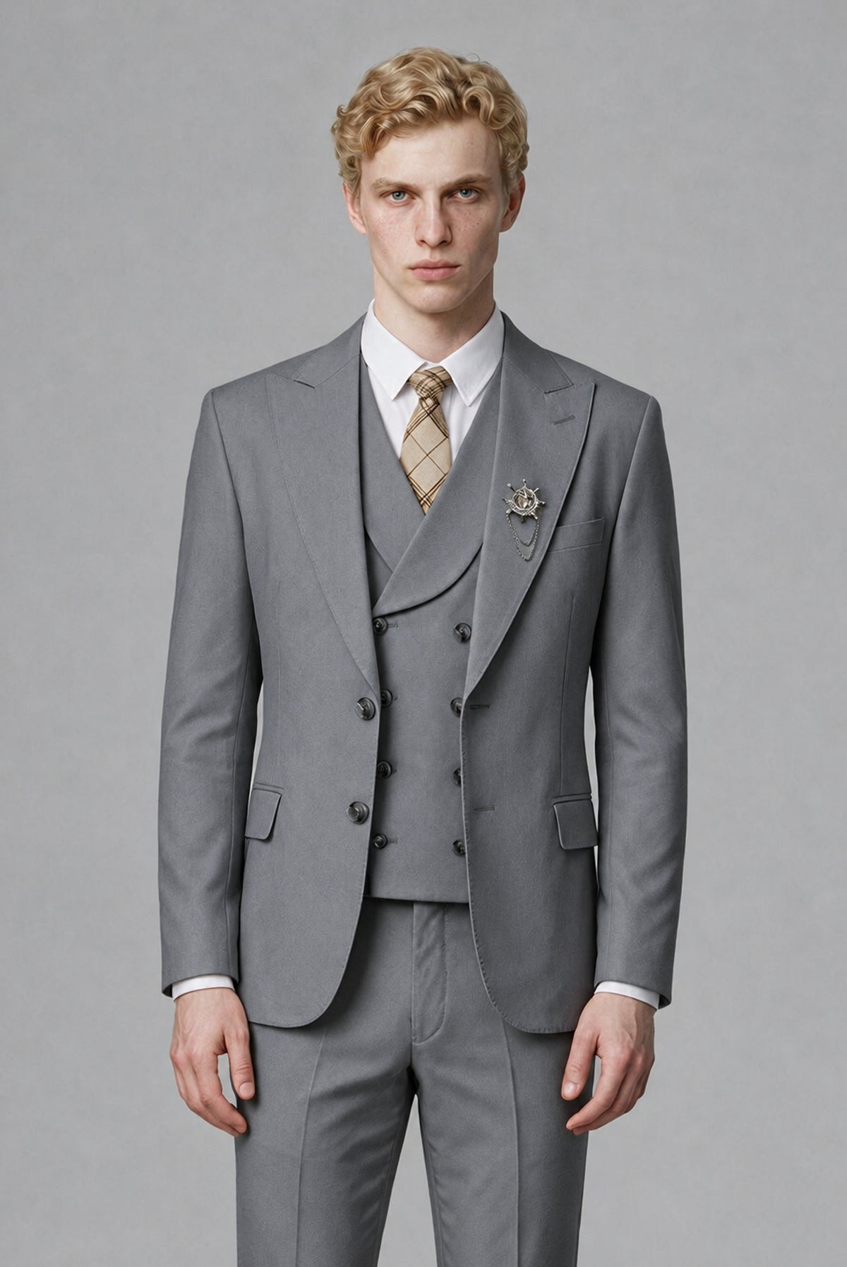 Savile Men's Gray Three-Piece Wedding Suit with Double-Breasted Waistcoat - Gray
