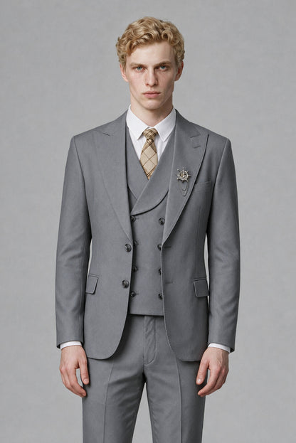 Savile Men's Gray Three-Piece Wedding Suit with Double-Breasted Waistcoat - Gray