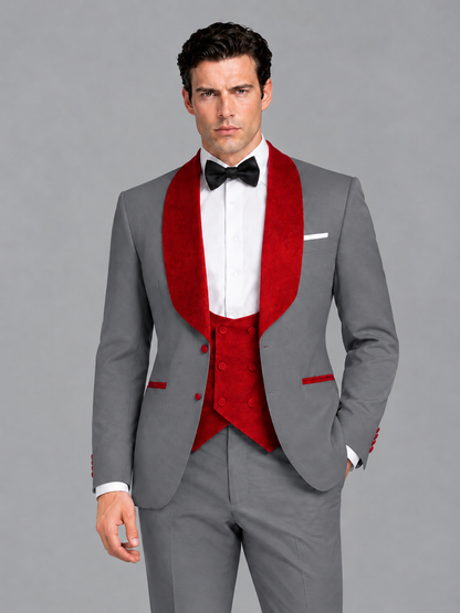 Savile Men's Gray 3-Piece Tuxedo Suit Set – Contrast Red Shawl Lapel Blazer, Red Waistcoat & Trousers - SUC020 - Gray