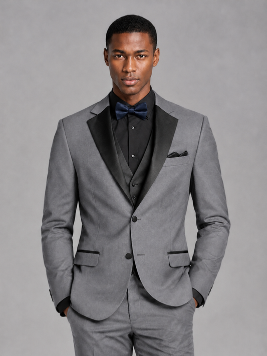 Savile Men's Gray Contrast Shawl Lapel Tuxedo Suit – 3-Piece Wedding, Prom & Black-Tie Formal Set - Gray - Gray_1