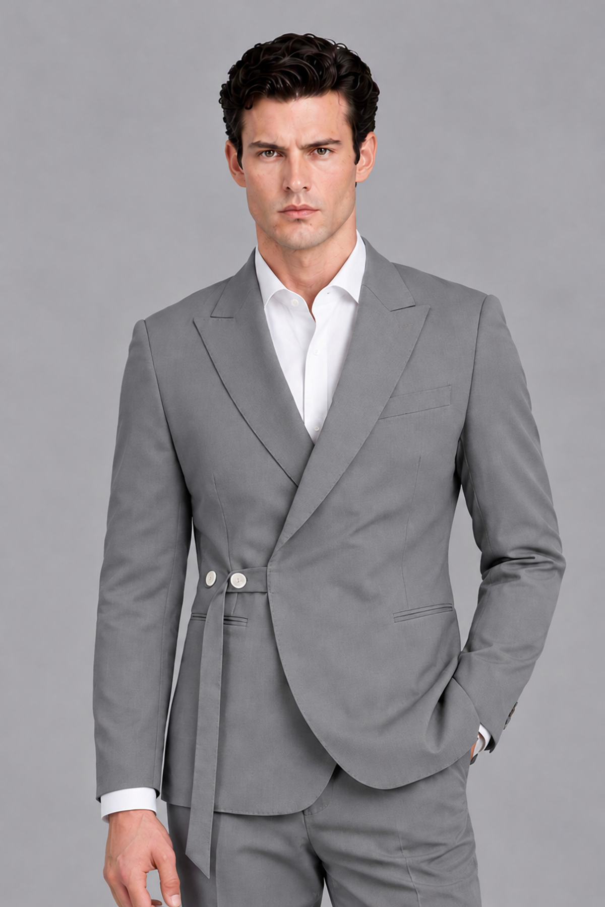 Savile Men's Modern Gray 2-Piece Wrap Suit Set – Peak Lapel Side-Button Blazer & Tailored Trousers - Gray - Gray_1
