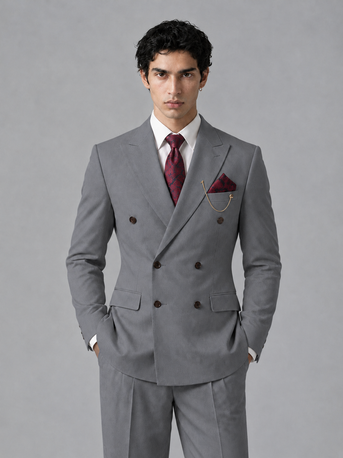 Savile Men's Gray Double-Breasted 2-Piece Suit Set – Peak Lapel Blazer & Pleated Wide-Leg Trousers - Gray - Gray_1