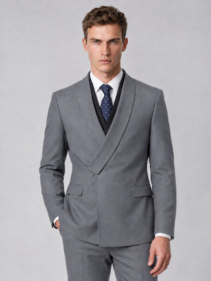 Savile Men's Gray Wrap Shawl Lapel 2-Piece Suit Set – Modern Jacket & Trousers - Gray - Gray_1