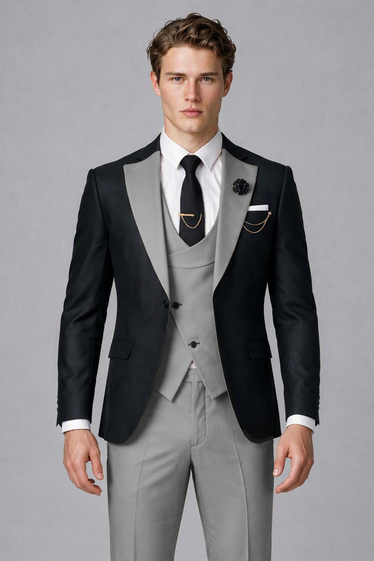 Savile Men's Black & Gray Three-Piece Wedding Suit - Gray