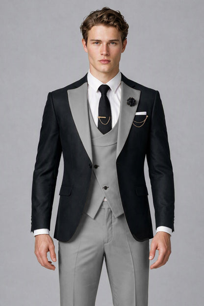 Savile Men's Black & Gray Three-Piece Wedding Suit - Gray