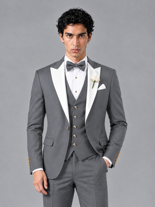 Savile Men's Gray Contrast White Peak Lapel 3-Piece Tuxedo Suit - Gray
