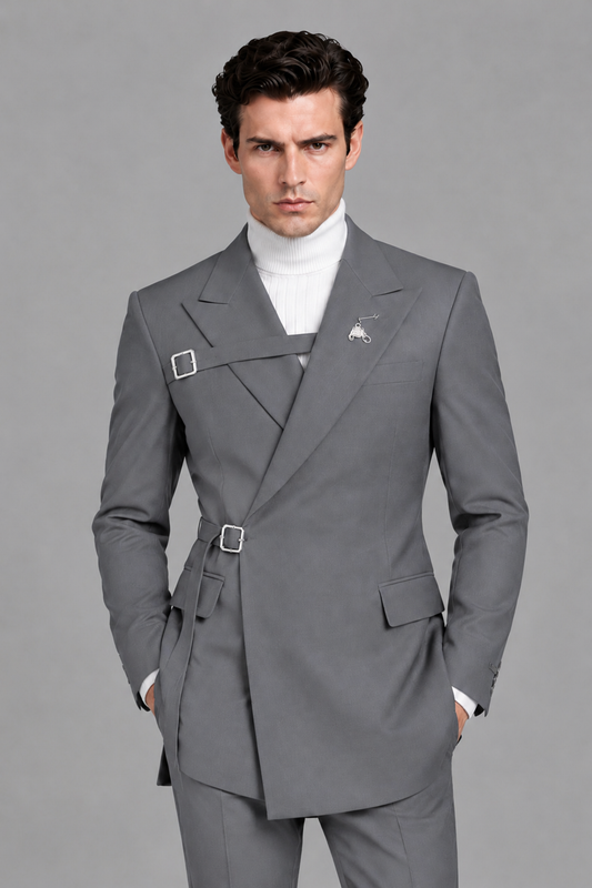 Savile Men's Gray Double Buckle Wrap Belted 2-Piece Suit Set – Peak Lapel Slim-Fit Jacket & Trousers - Gray - Gray_1