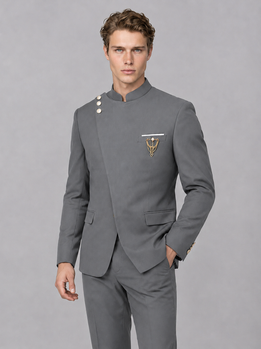 Savile Men's Gray Mandarin Collar Asymmetrical 2-Piece Suit Set – Modern Jacket & Trousers - Gray - Gray_1