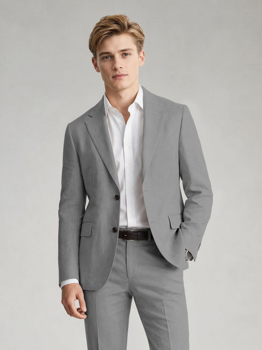 Savile Men's Sand Khaki Linen-Blend 2-Piece Suit Set – Two-Button Notch Lapel Slim-Fit Blazer & Slim Trousers - Gray - Gray