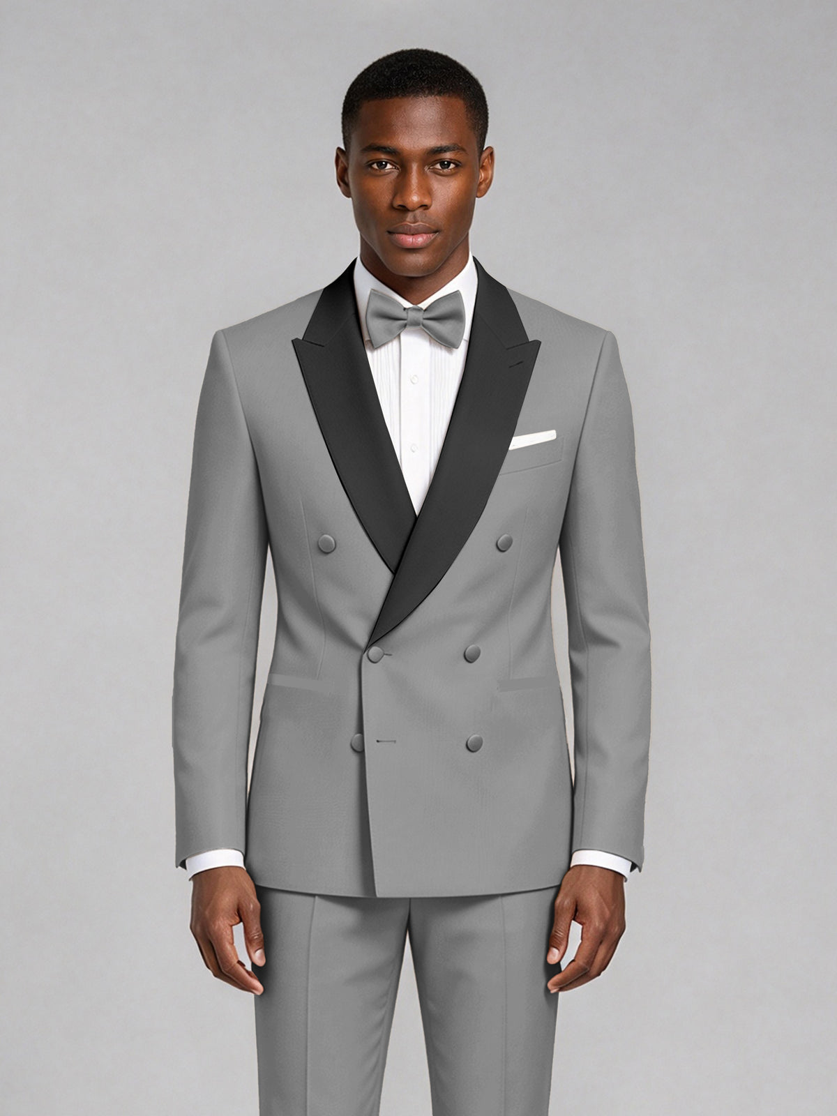 Men's Gray Double-Breasted Tuxedo Suit – Satin Shawl Lapel Gray-Tie Wedding & Gala 2-Piece Set - Gray