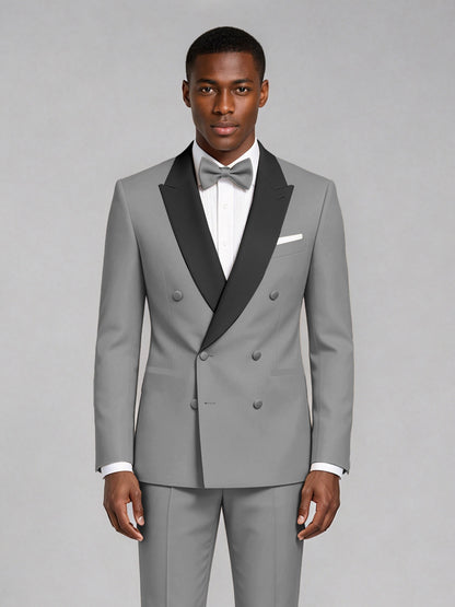 Men's Gray Double-Breasted Tuxedo Suit – Satin Shawl Lapel Gray-Tie Wedding & Gala 2-Piece Set - Gray
