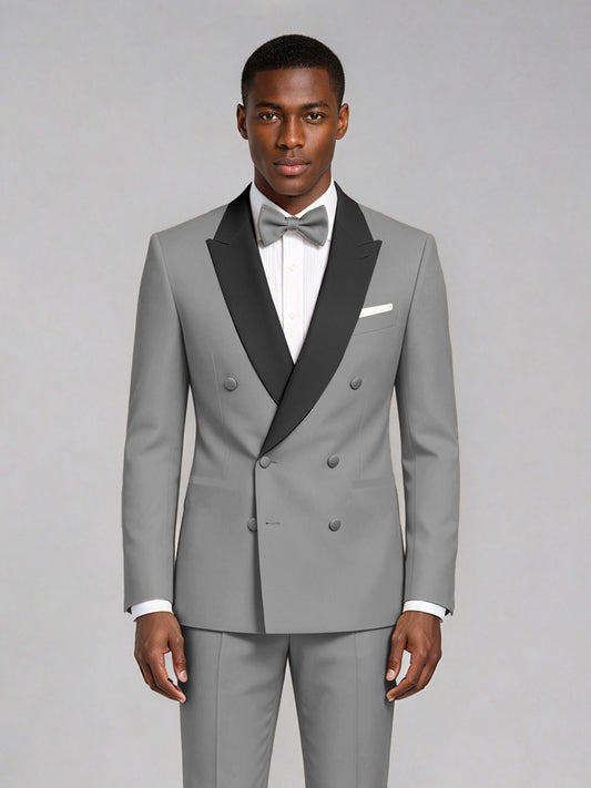 Men's Gray Double-Breasted Tuxedo Suit – Satin Shawl Lapel Gray-Tie Wedding & Gala 2-Piece Set - Gray