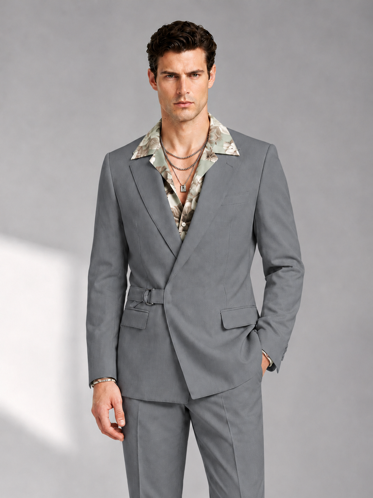 Savile Men's Gray Belted Wrap 2-Piece Suit – Peak Lapel Blazer & Tailored Trousers - SUC060 - Gray - Gray_1