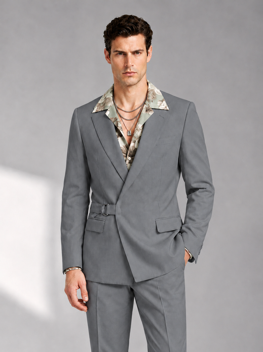 Savile Men's Gray Belted Wrap 2-Piece Suit – Peak Lapel Blazer & Tailored Trousers - SUC060 - Gray - Gray_1