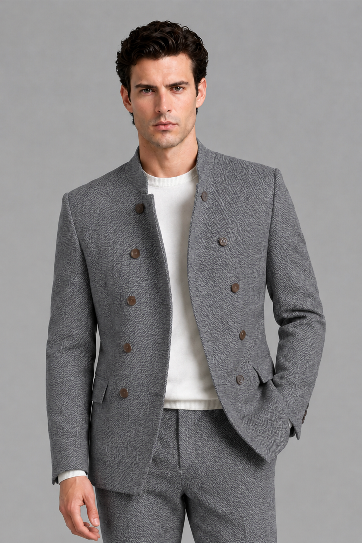 Savile Men's Gray Stand Collar Double Breasted Slim Fit 2-Piece Suit Set – Jacket & Trousers | Wedding Gala Formal - Gray