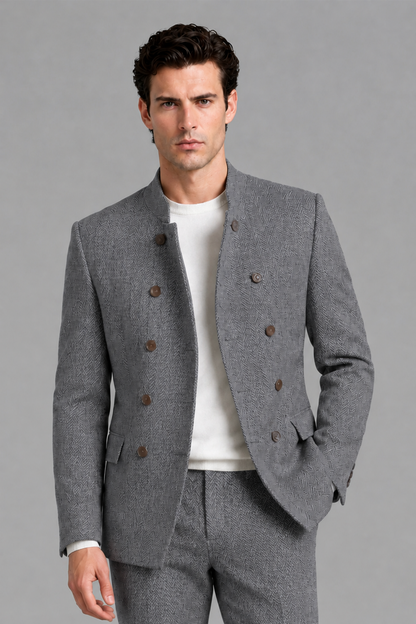 Savile Men's Gray Stand Collar Double Breasted Slim Fit 2-Piece Suit Set – Jacket & Trousers | Wedding Gala Formal - Gray