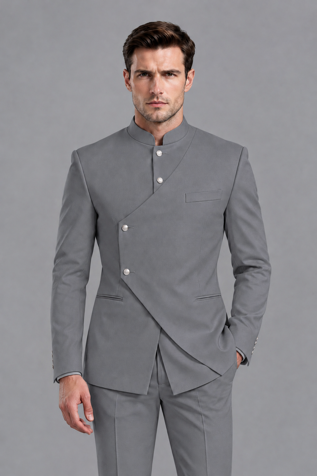 Savile Men's Gray Asymmetrical Mandarin Collar Tuxedo Suit – Modern 2-Piece Gold Button Wedding, Prom & Gala Set - Gray - Gray_1