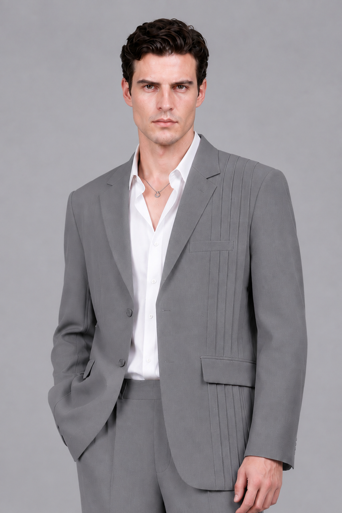 Savile Men's Gray Pleated 2-Piece Suit Set | Notch Lapel Blazer & Tailored Trousers - Gray - Gray_1