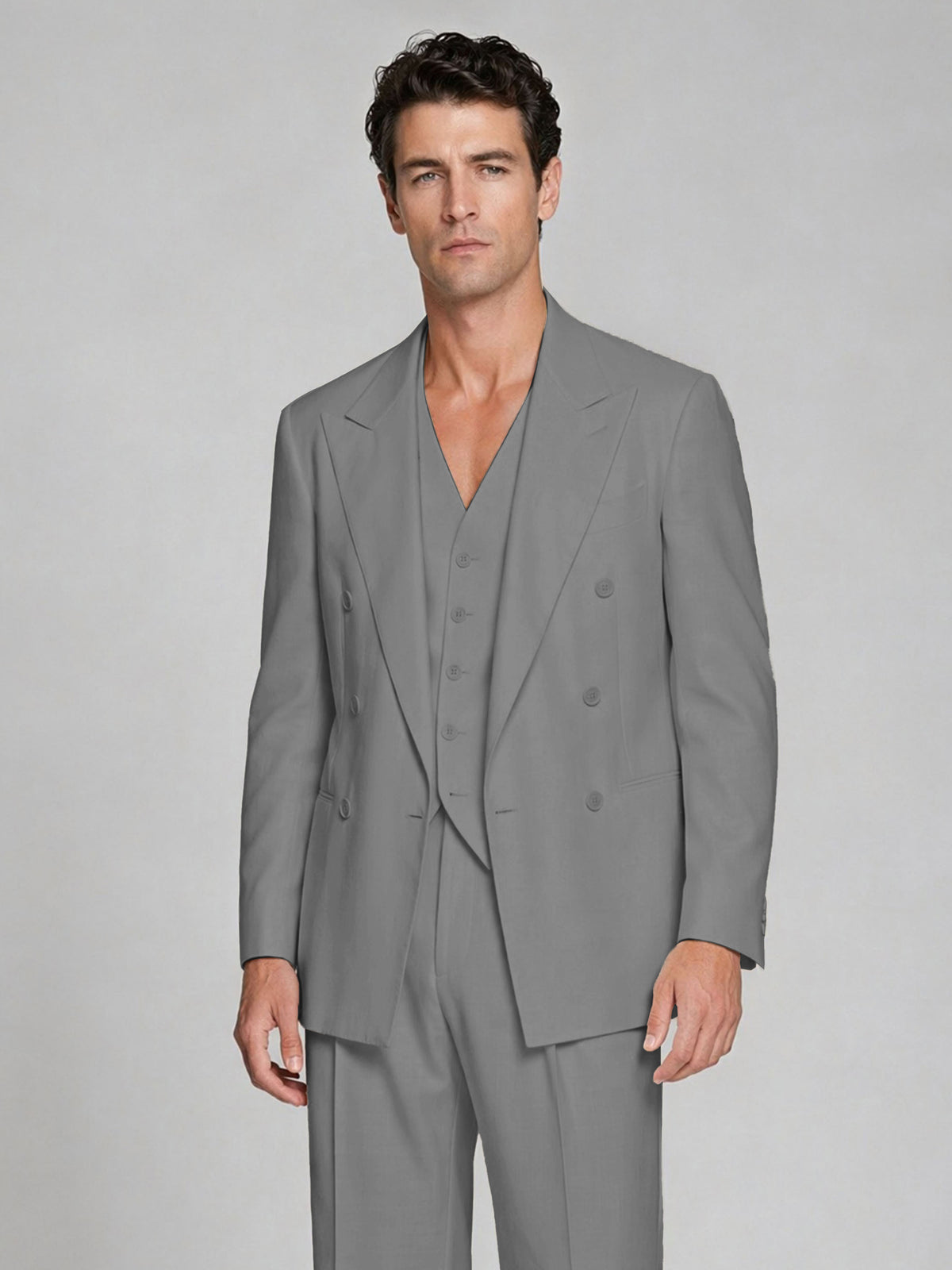 Men's Gray Double-Breasted 2-Piece Suit – Peak Lapel Wedding & Beach Formal Set with Vest - Gray