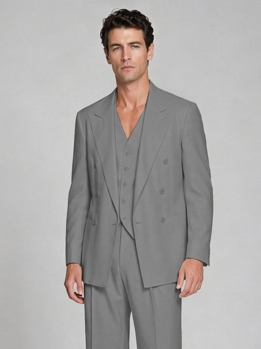 Men's Gray Double-Breasted 2-Piece Suit – Peak Lapel Wedding & Beach Formal Set with Vest - Gray