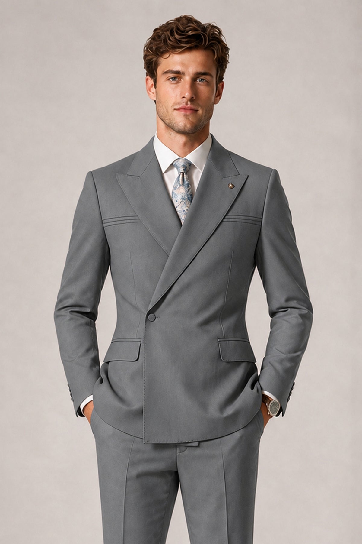 Savile Men's Gray Double-Breasted Slim Fit 2-Piece Suit Set – Peak Lapel Blazer & Cuffed Trousers | Wedding Prom Formal - Gray