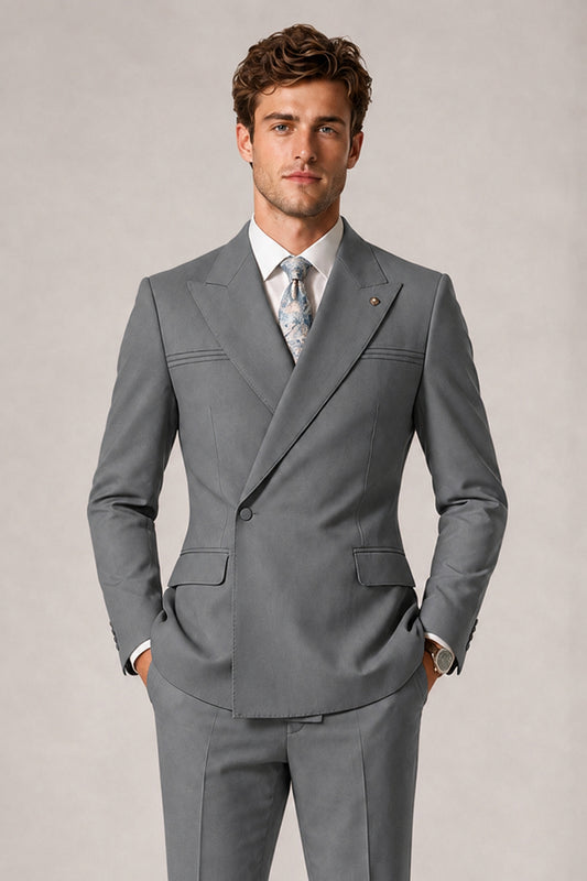 Savile Men's Gray Double-Breasted Slim Fit 2-Piece Suit Set – Peak Lapel Blazer & Cuffed Trousers | Wedding Prom Formal - Gray