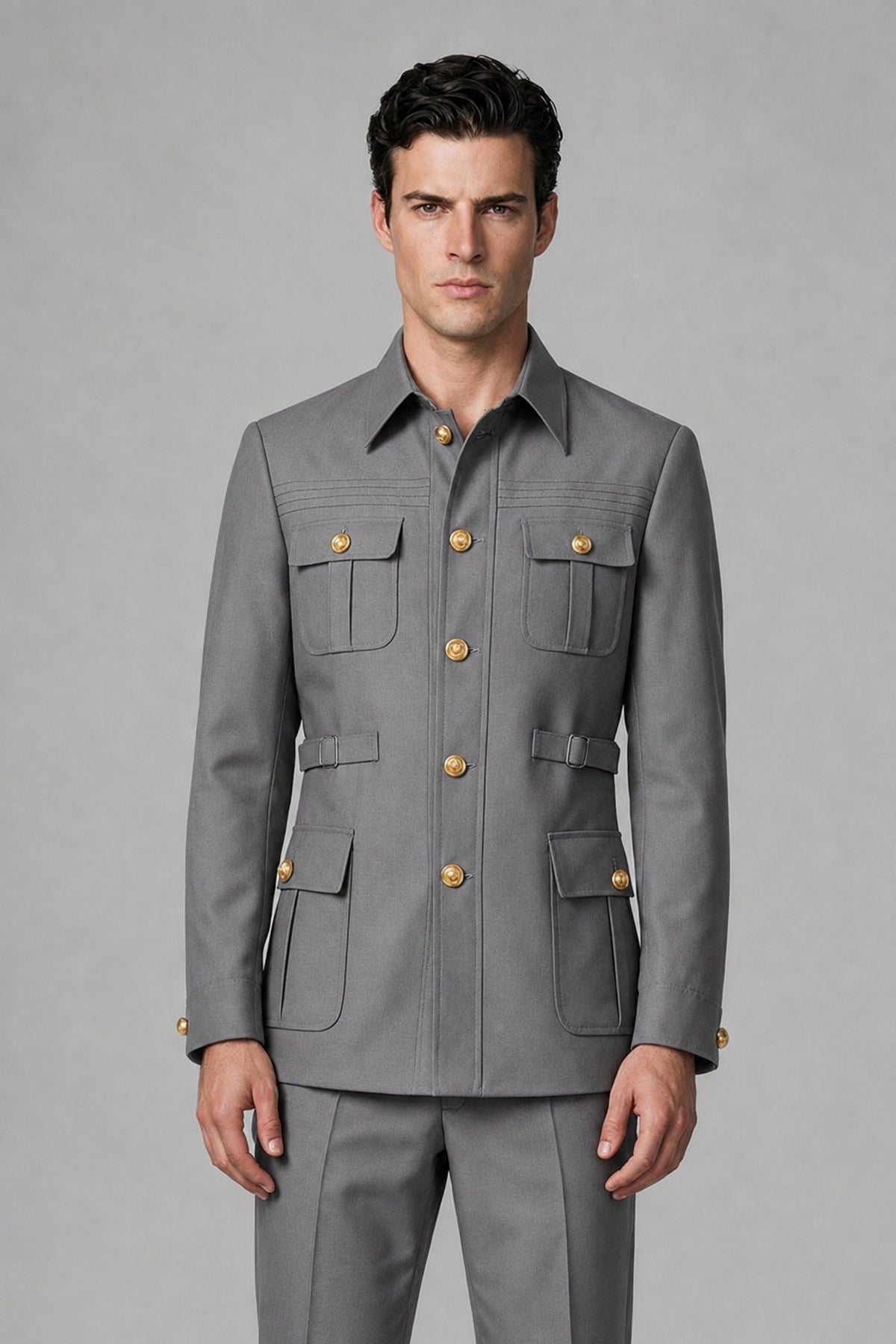 Savile Gray Safari Jacket & Trousers Two-Piece Men's Suit - Gray