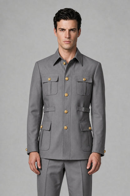 Savile Gray Safari Jacket & Trousers Two-Piece Men's Suit - Gray