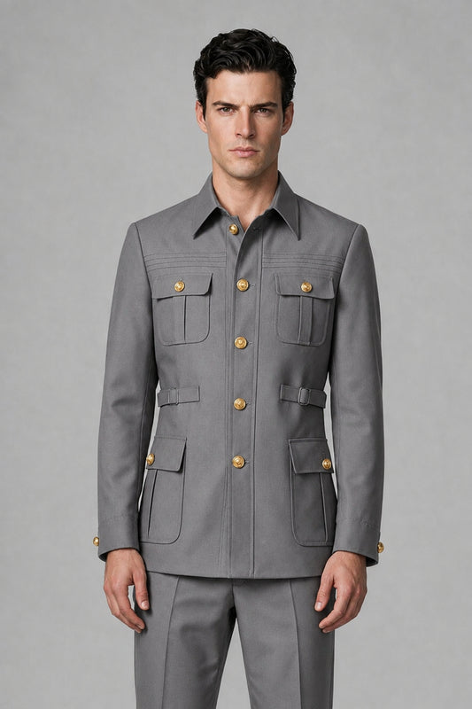 Savile Gray Safari Jacket & Trousers Two-Piece Men's Suit - Gray