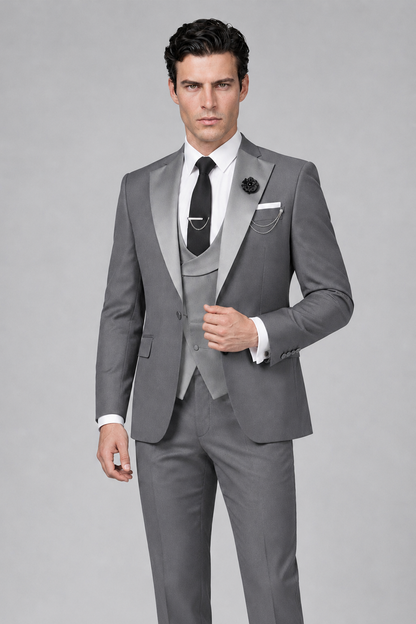 Savile Men's Gray 3-Piece Tuxedo Suit – Contrast Silver Peak Lapel & Grey Vest Formal Set - Gray - Gray_1