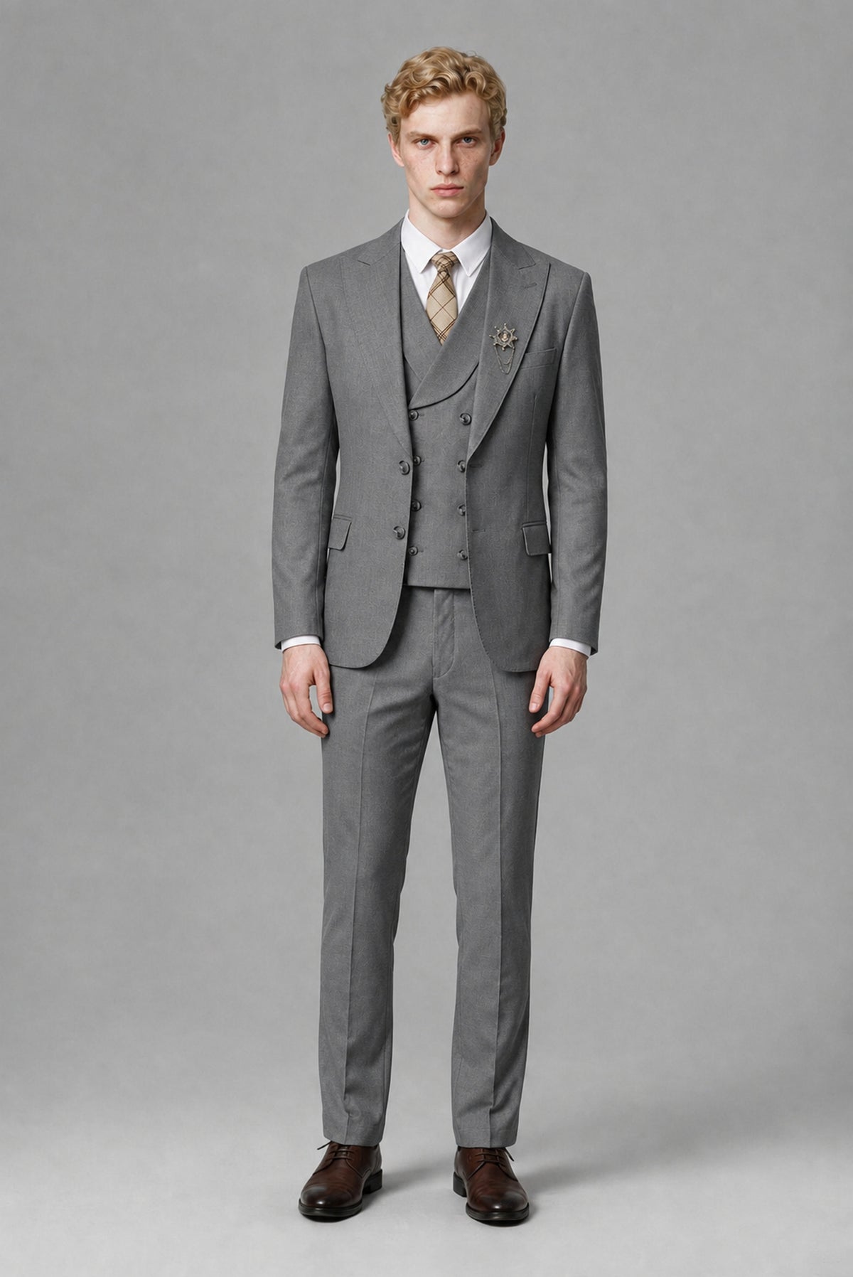 Savile Men's Gray Three-Piece Wedding Suit with Double-Breasted Waistcoat - Gray