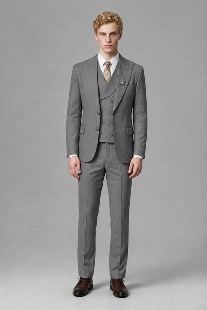 Savile Men's Gray Three-Piece Wedding Suit with Double-Breasted Waistcoat - Gray