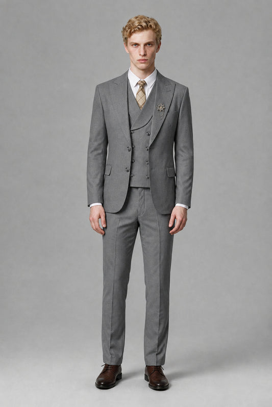 Savile Men's Gray Three-Piece Wedding Suit with Double-Breasted Waistcoat - Gray
