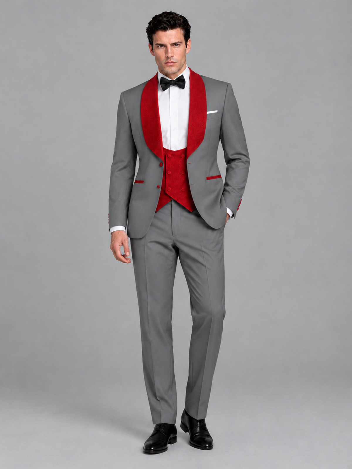 Savile Men's Gray 3-Piece Tuxedo Suit Set – Contrast Red Shawl Lapel Blazer, Red Waistcoat & Trousers - SUC020 - Gray