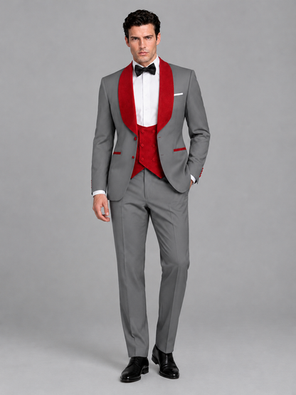Savile Men's Gray 3-Piece Tuxedo Suit Set – Contrast Red Shawl Lapel Blazer, Red Waistcoat & Trousers - SUC020 - Gray