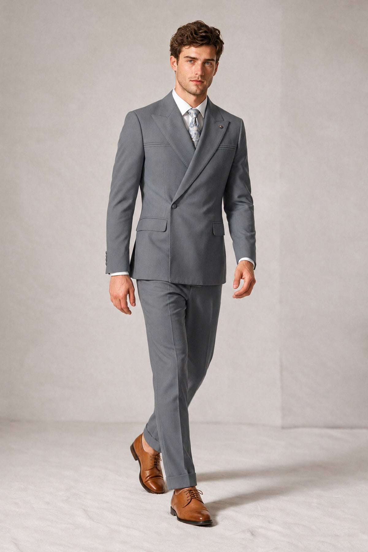Savile Men's Gray Double-Breasted Slim Fit 2-Piece Suit Set – Peak Lapel Blazer & Cuffed Trousers | Wedding Prom Formal - Gray