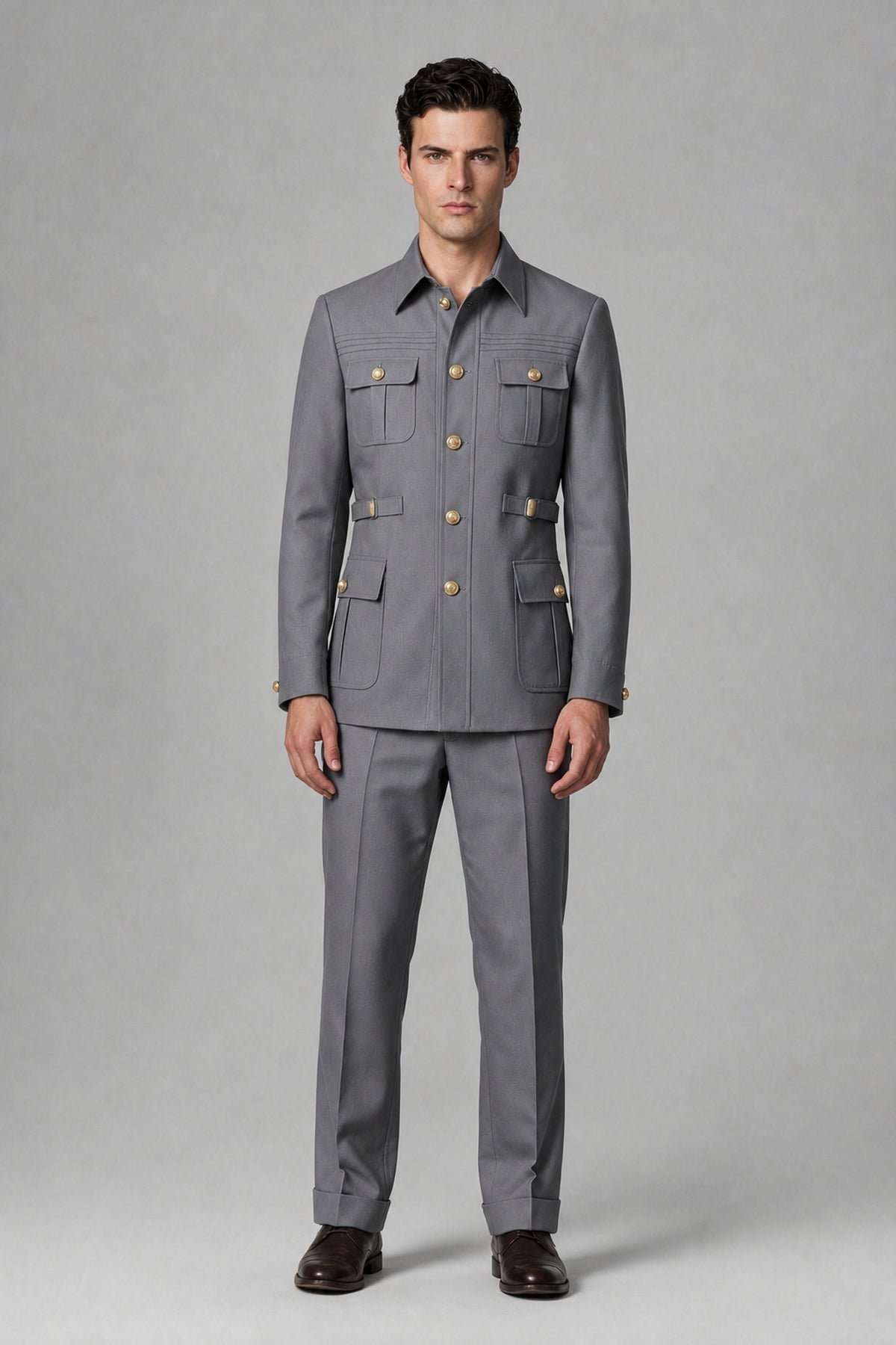 Savile Gray Safari Jacket & Trousers Two-Piece Men's Suit - Gray
