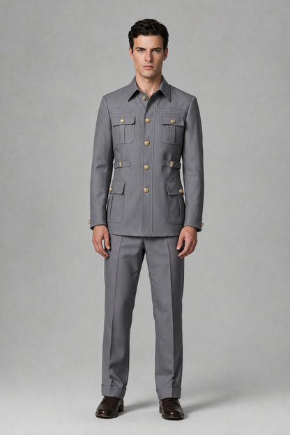Savile Gray Safari Jacket & Trousers Two-Piece Men's Suit - Gray