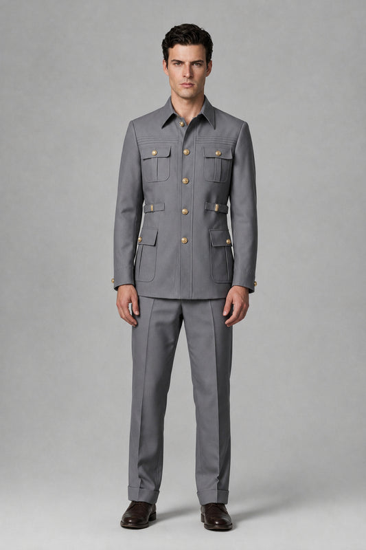 Savile Gray Safari Jacket & Trousers Two-Piece Men's Suit - Gray