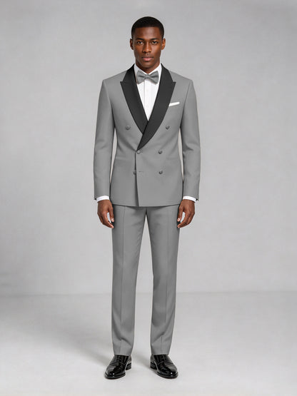 Men's Gray Double-Breasted Tuxedo Suit – Satin Shawl Lapel Gray-Tie Wedding & Gala 2-Piece Set - Gray