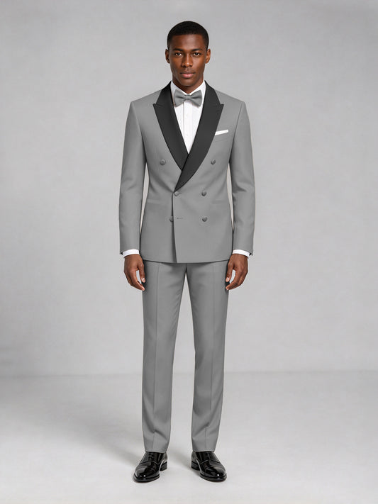 Men's Gray Double-Breasted Tuxedo Suit – Satin Shawl Lapel Gray-Tie Wedding & Gala 2-Piece Set - Gray