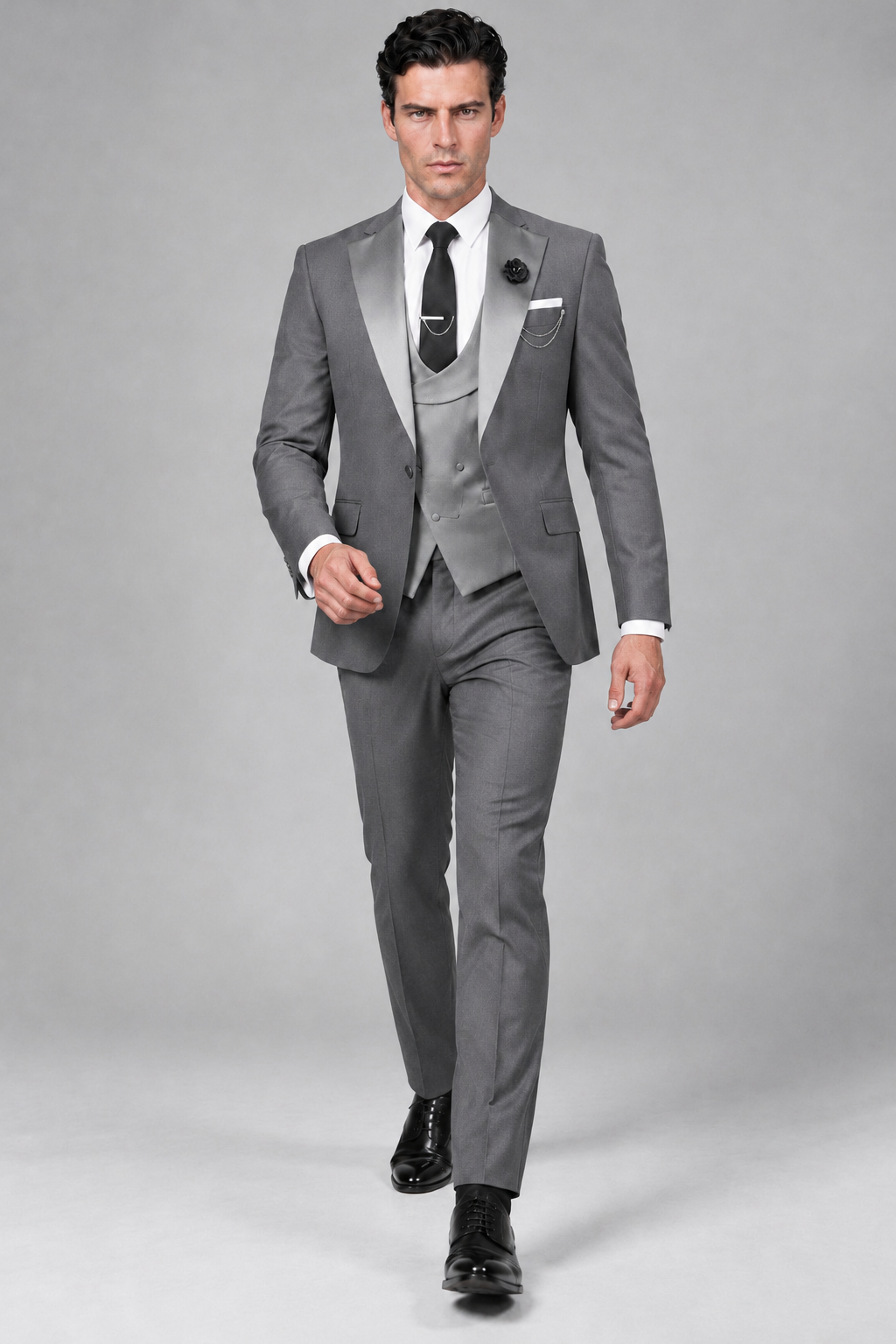Savile Men's Gray 3-Piece Tuxedo Suit – Contrast Silver Peak Lapel & Grey Vest Formal Set - Gray - Gray_2