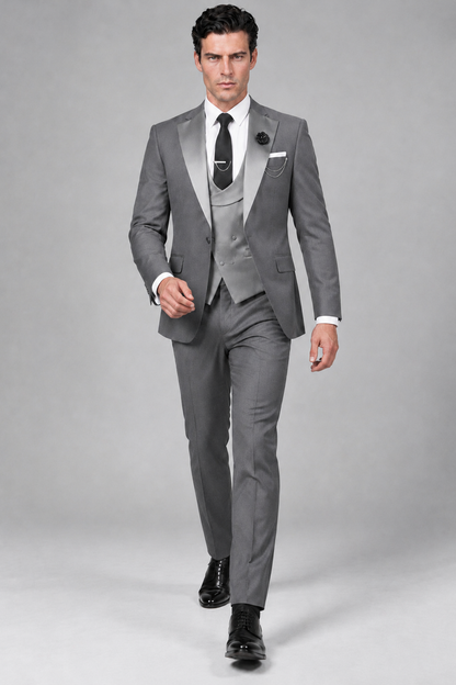 Savile Men's Gray 3-Piece Tuxedo Suit – Contrast Silver Peak Lapel & Grey Vest Formal Set - Gray - Gray_2