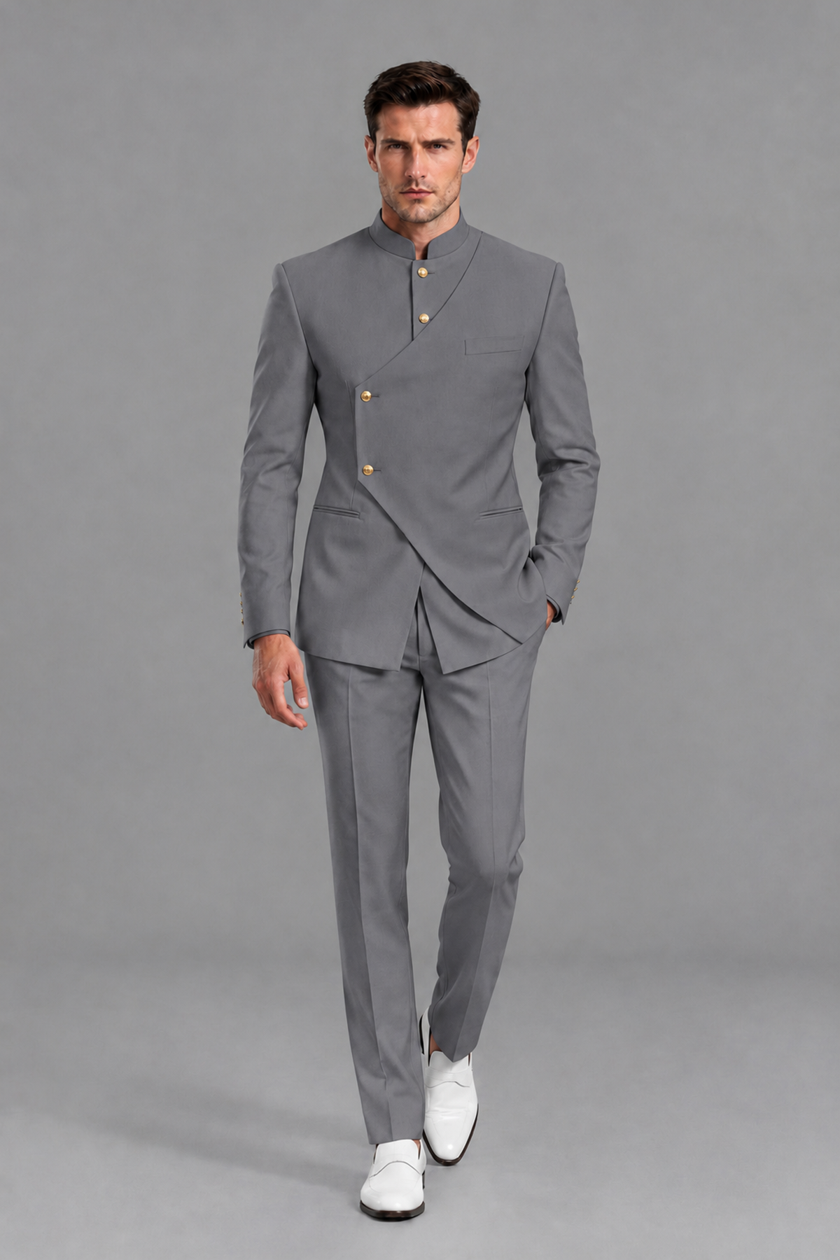Savile Men's Gray Asymmetrical Mandarin Collar Tuxedo Suit – Modern 2-Piece Gold Button Wedding, Prom & Gala Set - Gray - Gray_2