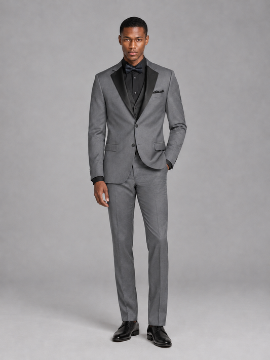 Savile Men's Gray Contrast Shawl Lapel Tuxedo Suit – 3-Piece Wedding, Prom & Black-Tie Formal Set - Gray - Gray_2