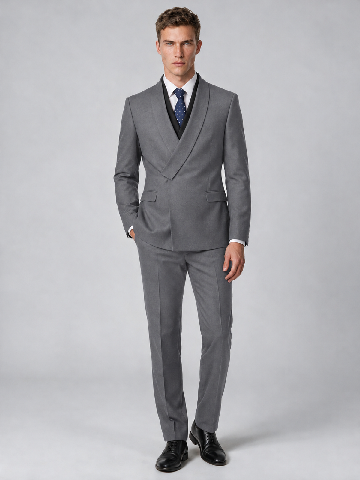 Savile Men's Gray Wrap Shawl Lapel 2-Piece Suit Set – Modern Jacket & Trousers - Gray - Gray_2