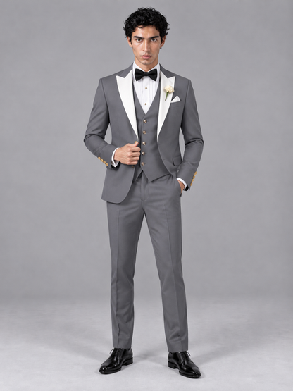 Savile Men's Gray Contrast White Peak Lapel 3-Piece Tuxedo Suit - Gray