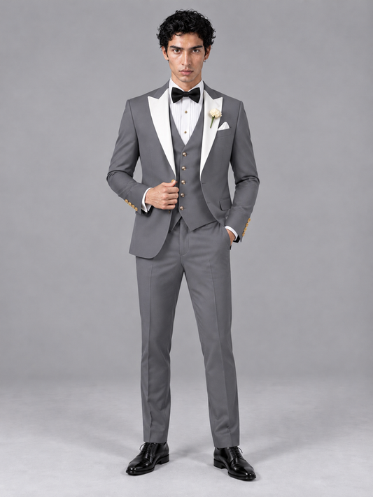 Savile Men's Gray Contrast White Peak Lapel 3-Piece Tuxedo Suit - Gray