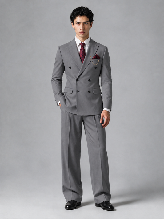 Savile Men's Gray Double-Breasted 2-Piece Suit Set – Peak Lapel Blazer & Pleated Wide-Leg Trousers - Gray - Gray_2