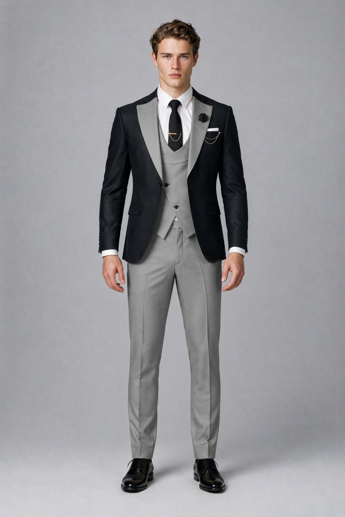 Savile Men's Black & Gray Three-Piece Wedding Suit - Gray